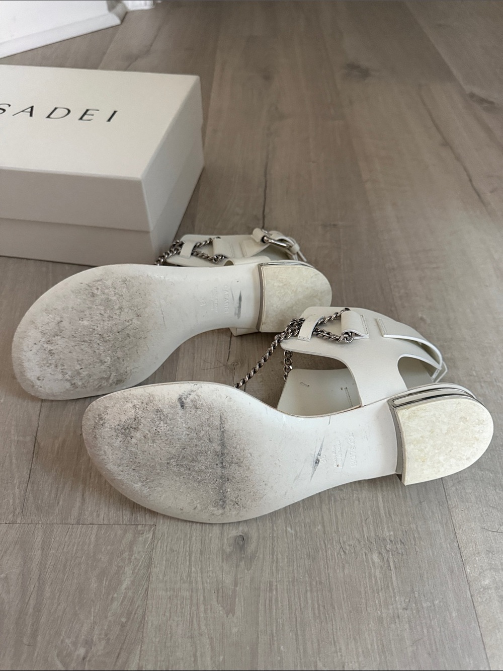 White Chain-Accent Casadei Women's T-Strap Sandals - Picture 14 of 17
